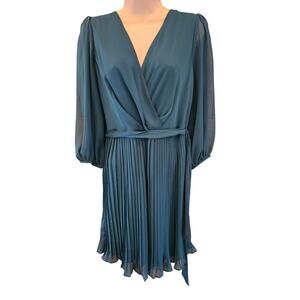 NWT DKNY sheer baloon long sleeve tie waist chic teal shift career formal sz 10